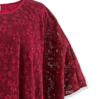 Scoop Neck Embellished Burgundy Red Floral Lace Poncho