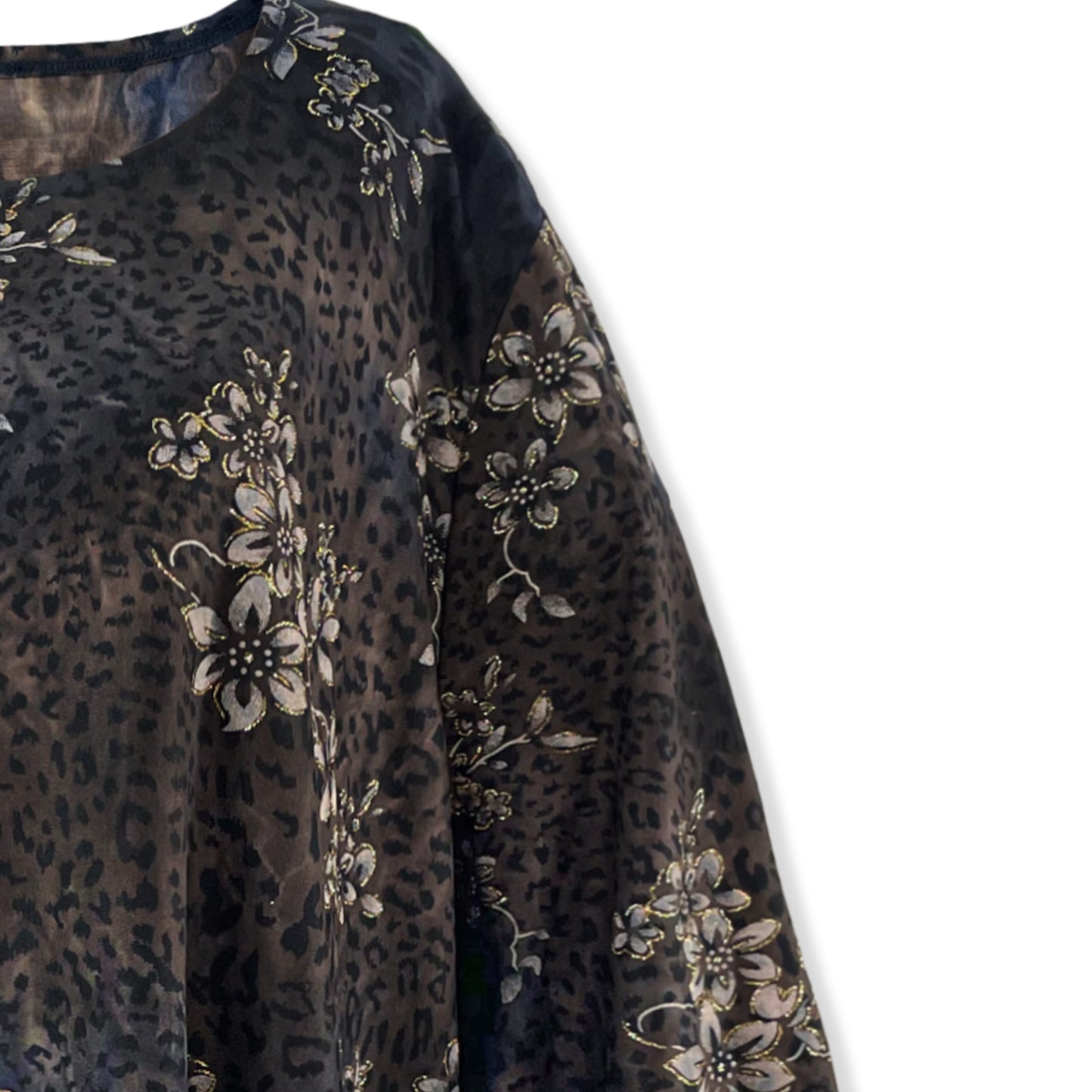 Gold Glitter Floral/Brown Navy Tunic Shirt Knit Top