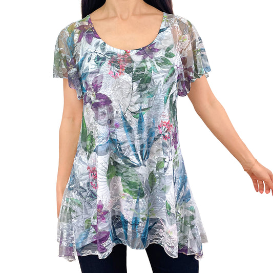 Multi Floral With Gray Shades Print Lace Tunic Top
