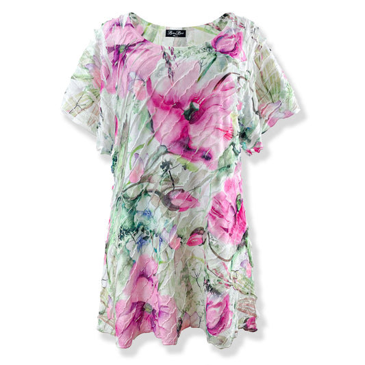 Watercolor Floral Print White Layered Stretch Mesh Tunic Knit Blouse