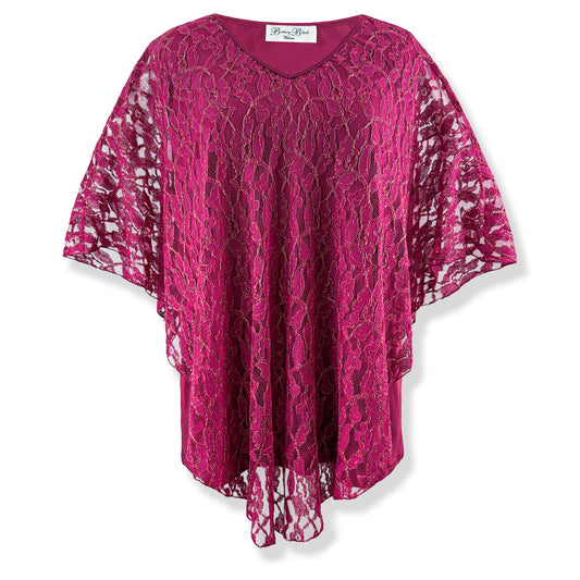 Berry Pink/Gold Embroidery Floral Lace V-Neck 3/4 Sleeve Poncho