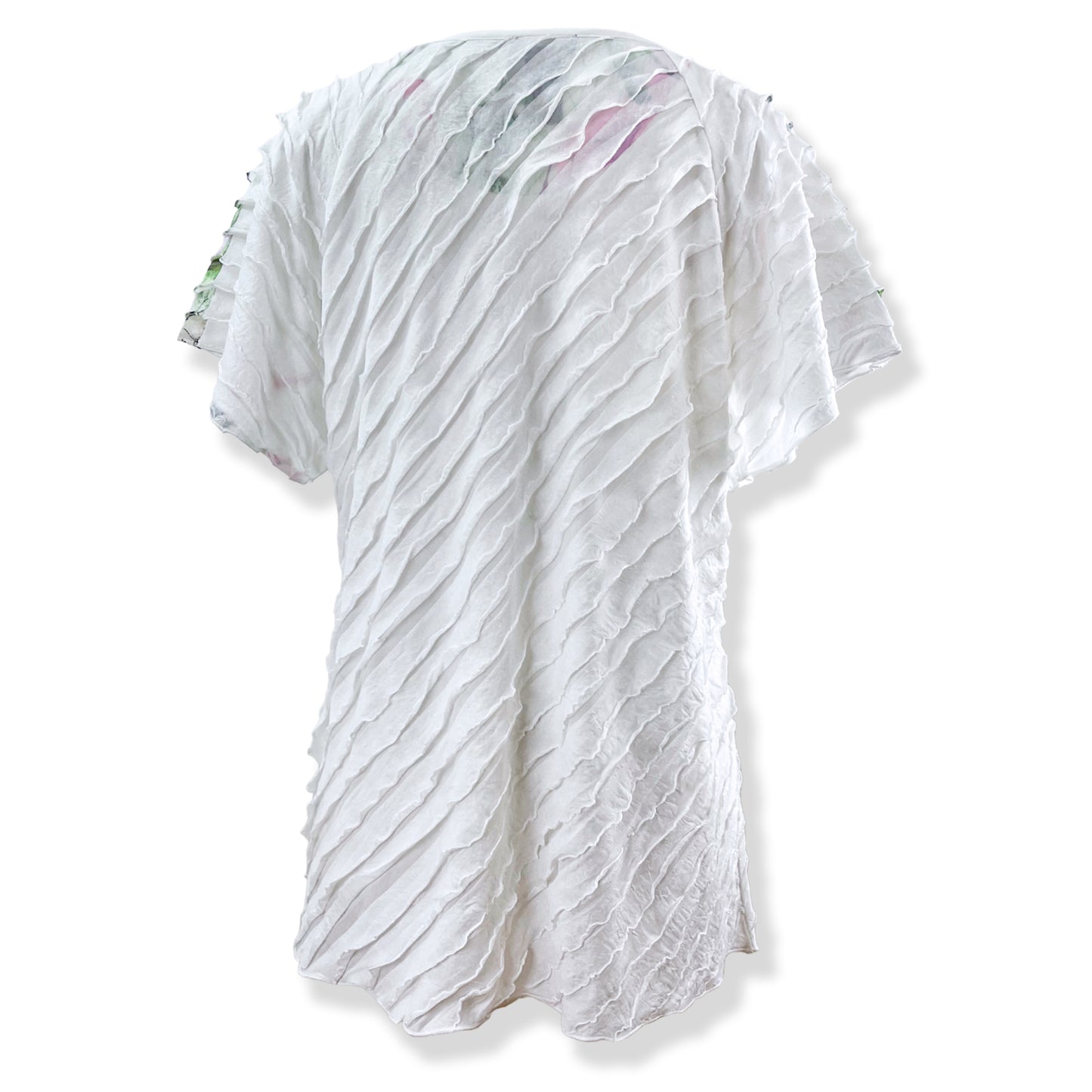 Watercolor Floral Print White Layered Stretch Mesh Tunic Knit Blouse