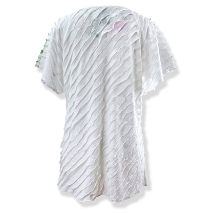 Watercolor Floral Print White Layered Stretch Mesh Tunic Knit Blouse