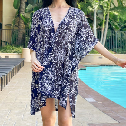 Navy White Dahlia Floral Mesh Relaxed Fit Kimono Loose Cover Up