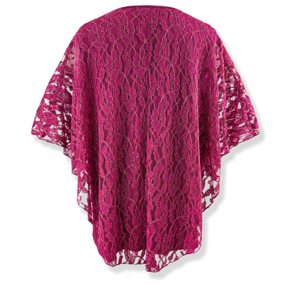 Berry Pink/Gold Embroidery Floral Lace V-Neck 3/4 Sleeve Poncho