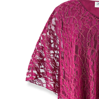 Berry Pink/Gold Embroidery Floral Lace V-Neck 3/4 Sleeve Poncho
