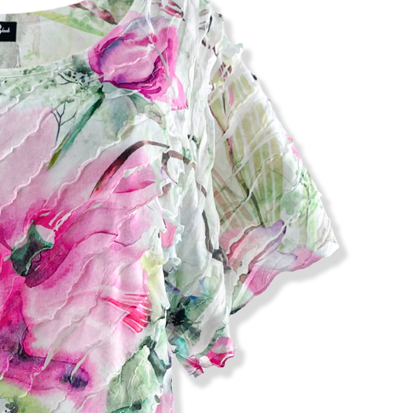 Watercolor Floral Print White Layered Stretch Mesh Tunic Knit Blouse