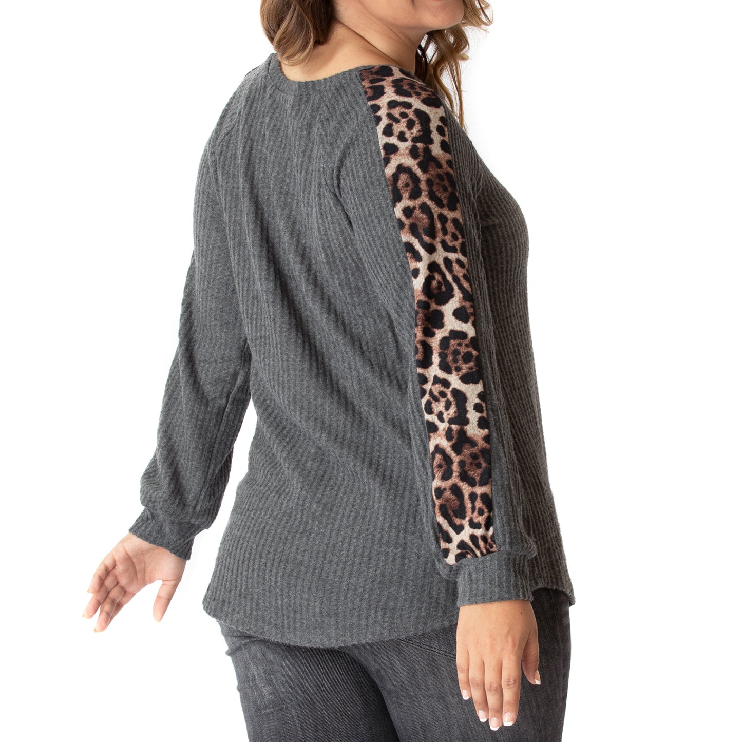 Animal Print Waffle Hacci Knit Tunic (Dark Grey/Leopard Animal)