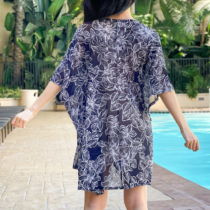 Navy White Dahlia Floral Mesh Relaxed Fit Kimono Loose Cover Up