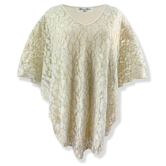 Vanilla Cream/Gold Embroidery Floral Lace V-Neck 3/4 Sleeve Poncho