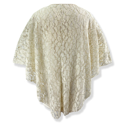 Vanilla Cream/Gold Embroidery Floral Lace V-Neck 3/4 Sleeve Poncho