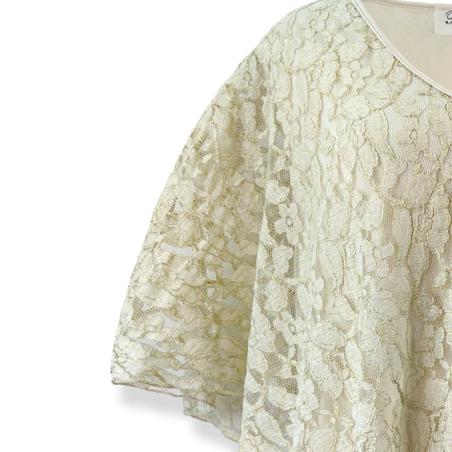 Vanilla Cream/Gold Embroidery Floral Lace V-Neck 3/4 Sleeve Poncho