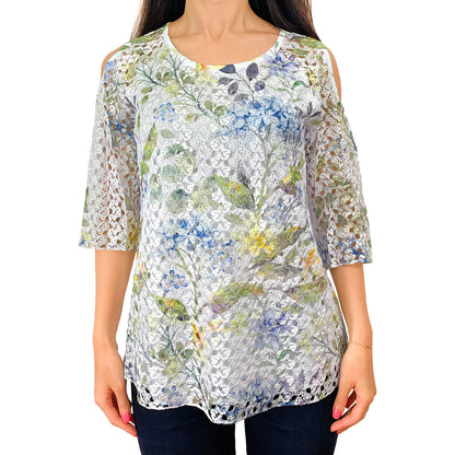 Printed Green Blue Yellow Floral Lace Cold Shoulder 3/4 Sleeve Knit Top