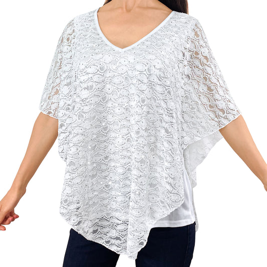 Sparkly Silver Glitter/Embroidery White Floral Lace V-Neck 3/4 Sleeve Poncho