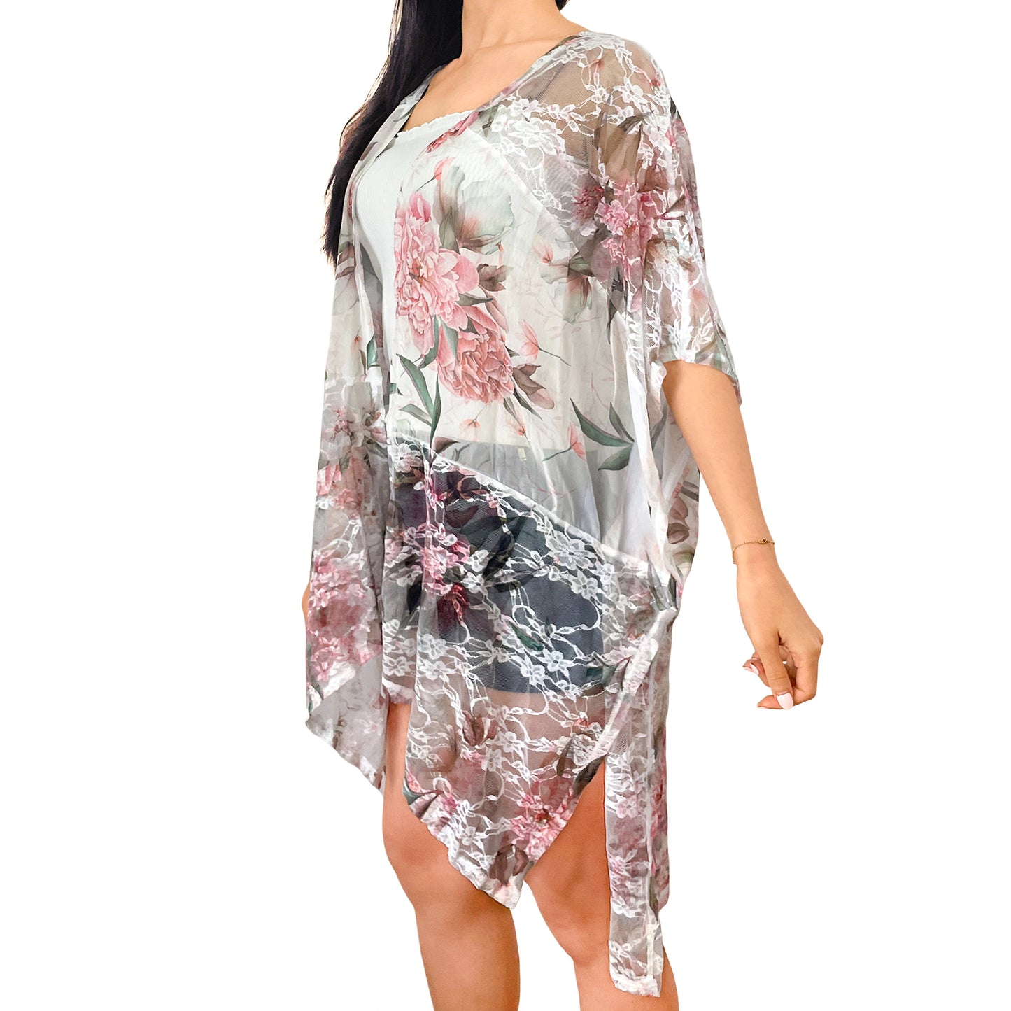 Printed Beige Peach Pink Floral Relaxed Fit Kimono Loose Cover Up