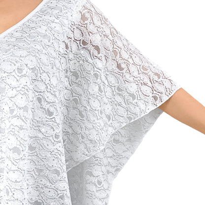 Sparkly Silver Glitter/Embroidery White Floral Lace V-Neck 3/4 Sleeve Poncho