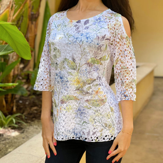 Printed Green Blue Yellow Floral Lace Cold Shoulder 3/4 Sleeve Knit Top