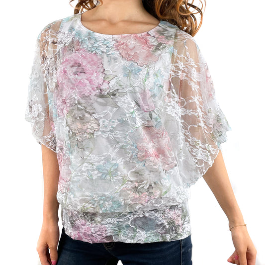 Pastel Blue Pink Printed Floral 3/4 Sleeve Banded Bottom Lace Top