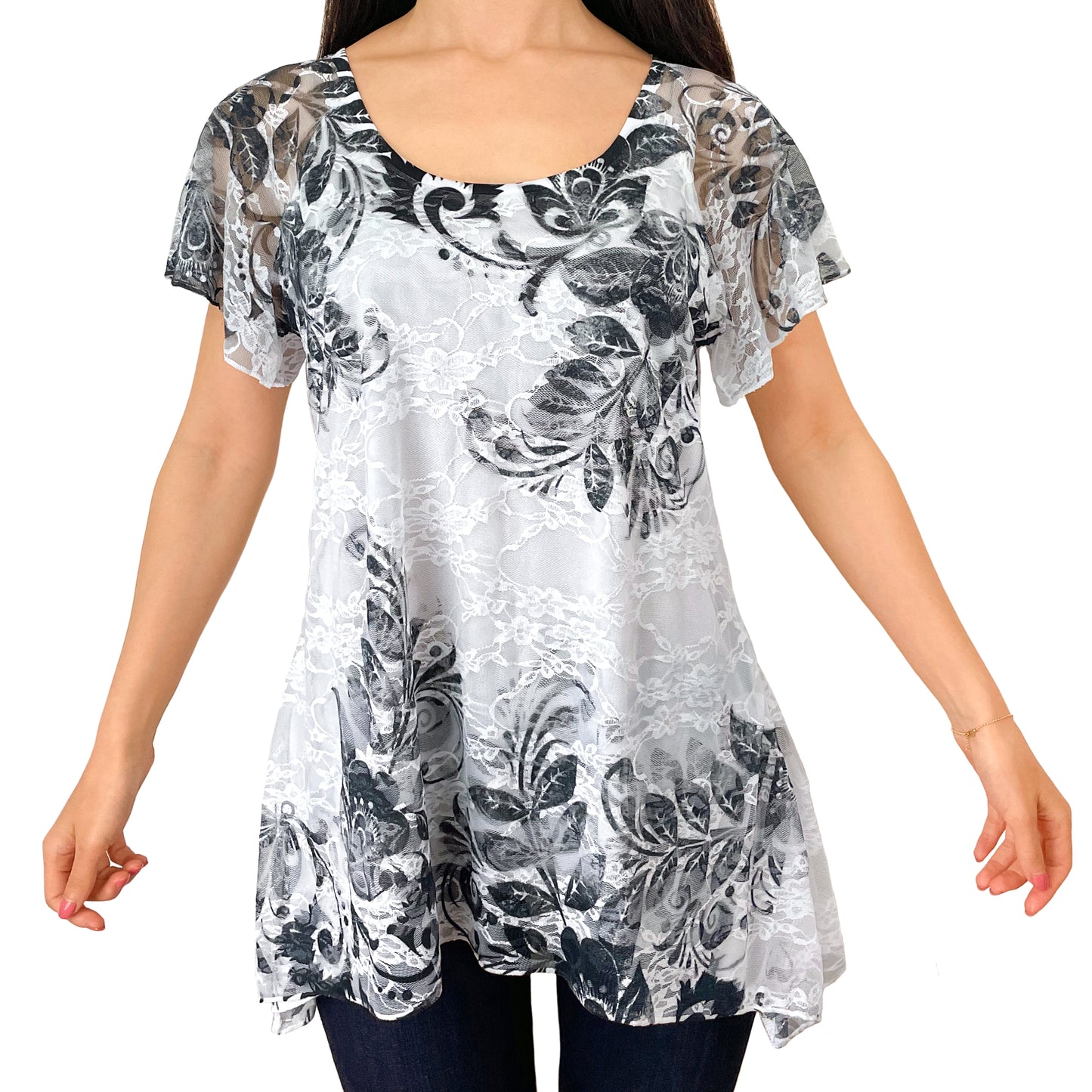 Black Graphic Floral Print Lace Tunic Top
