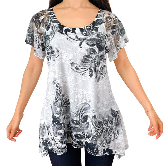 Black Graphic Floral Print Lace Tunic Top