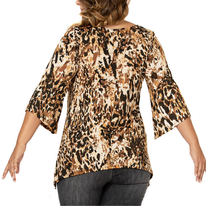 3/4 Sleeve Sharkbite Tunic Shirt Knit Top (Brown/Mustard/Black Print W. Silver Glitter Dots)