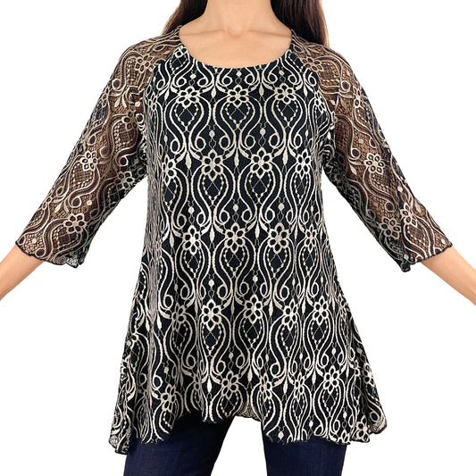 Two-Tone Black/Shiny Champagne Floral Lace Top Tunic Knit Blouse