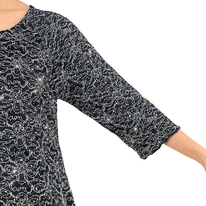 Sparkly Silver Glitter/Embroidery Black Floral Lace Top Tunic Knit Blouse