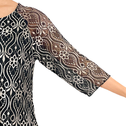 Two-Tone Black/Shiny Champagne Floral Lace Top Tunic Knit Blouse