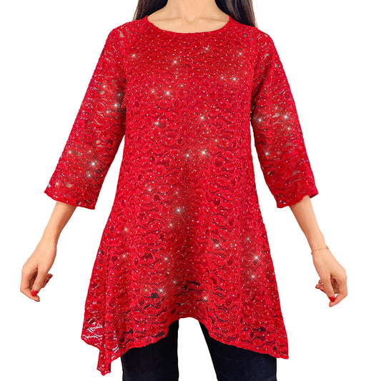 Sparkly Silver Glitter/Embroidery Red Floral Lace Top Tunic Knit Blouse