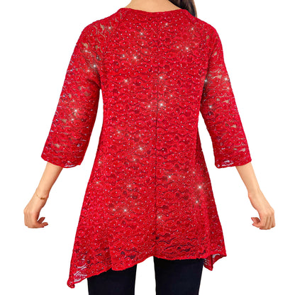 Sparkly Silver Glitter/Embroidery Red Floral Lace Top Tunic Knit Blouse