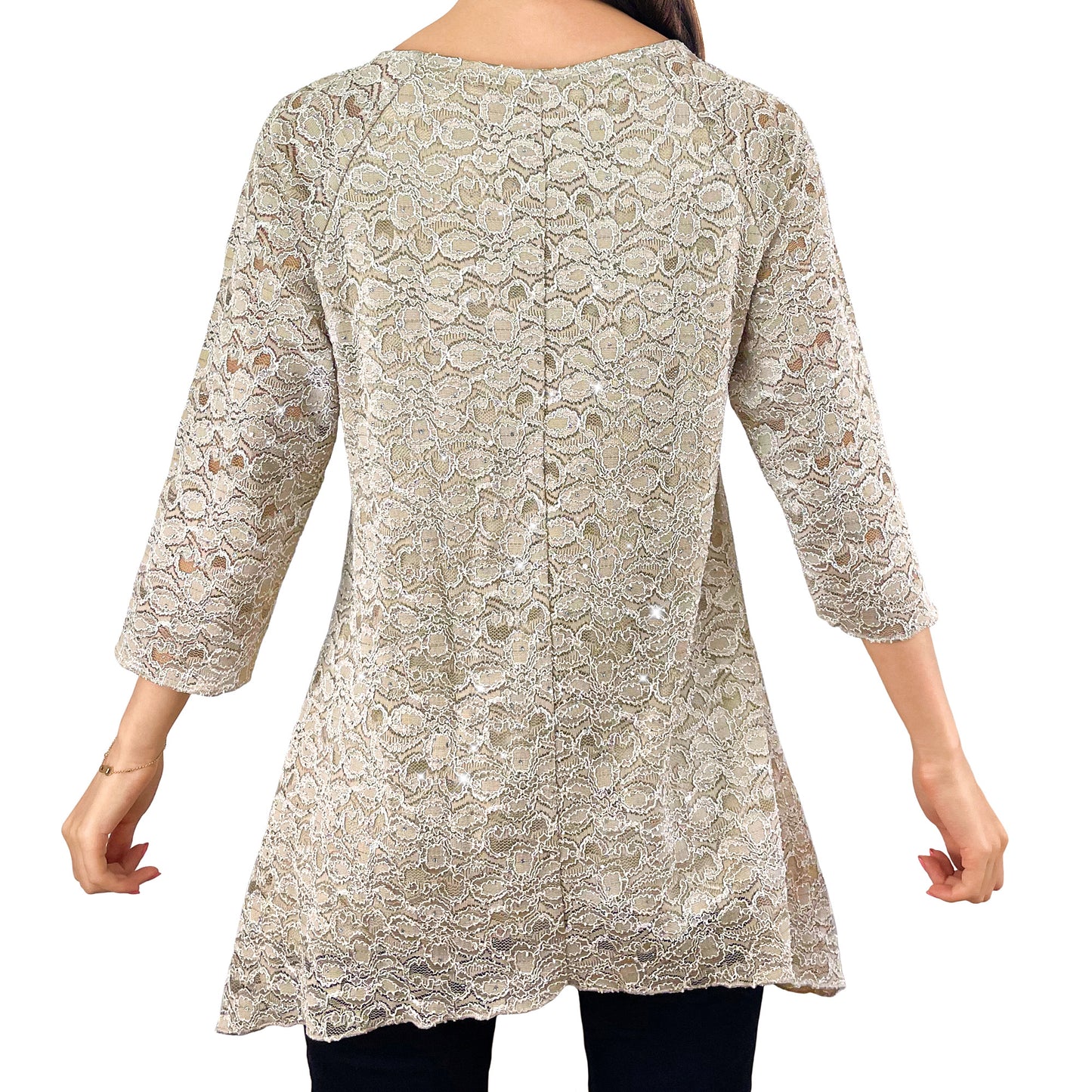 Sparkly Silver Glitter/Embroidery Champagne Floral Lace Top Tunic Knit Blouse
