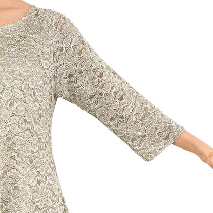 Sparkly Silver Glitter/Embroidery Champagne Floral Lace Top Tunic Knit Blouse