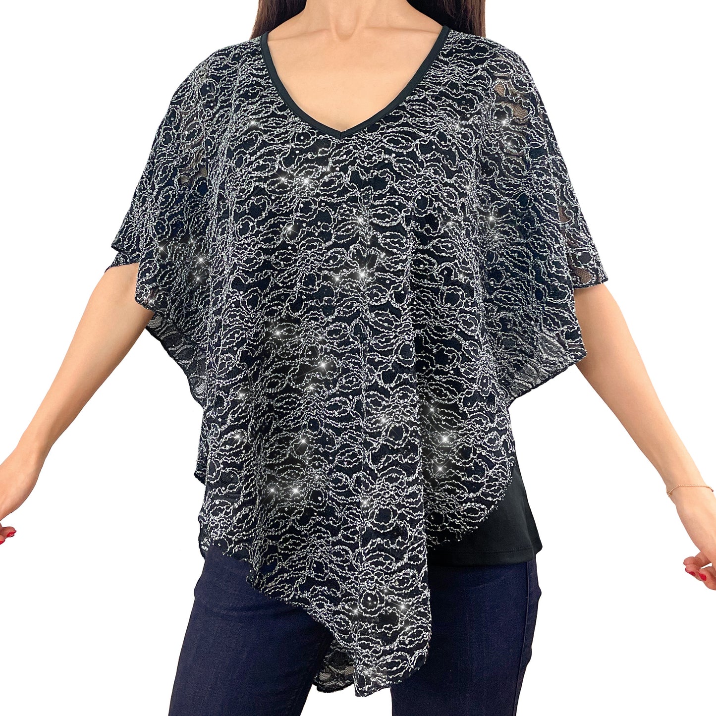 Sparkly Silver Glitter/Embroidery Black Floral Lace V-Neck 3/4 Sleeve Poncho