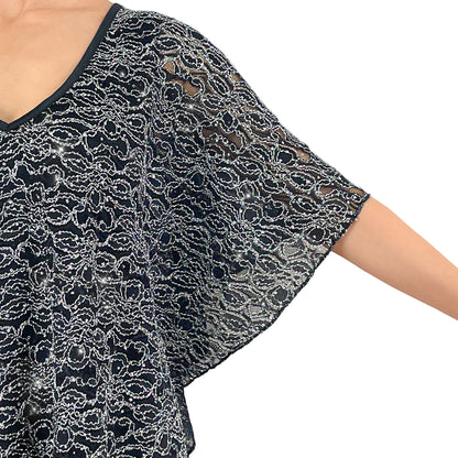 Sparkly Silver Glitter/Embroidery Black Floral Lace V-Neck 3/4 Sleeve Poncho