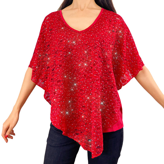 Sparkly Silver Glitter/Embroidery Red Floral Lace V-Neck 3/4 Sleeve Poncho