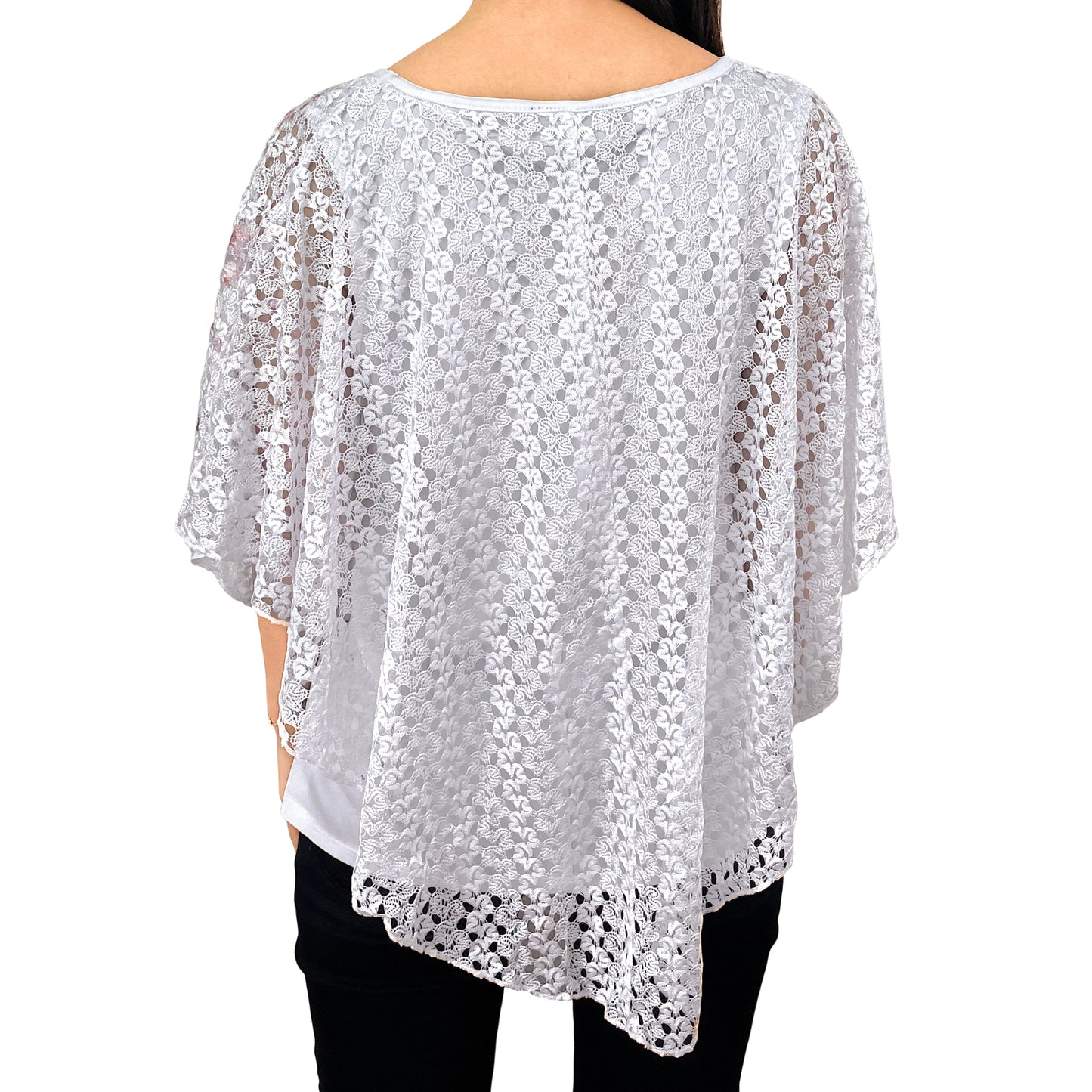 Colorful Floral/White Lace V-Neck 3/4 Sleeve Poncho
