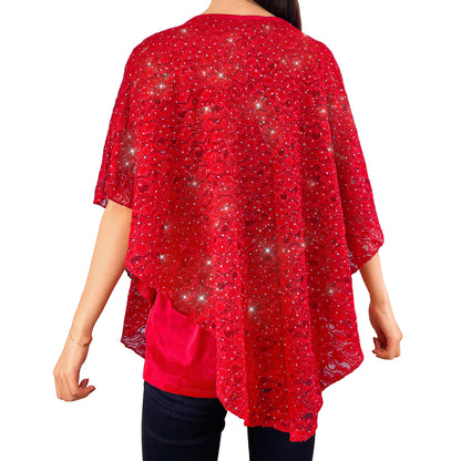 Sparkly Silver Glitter/Embroidery Red Floral Lace V-Neck 3/4 Sleeve Poncho
