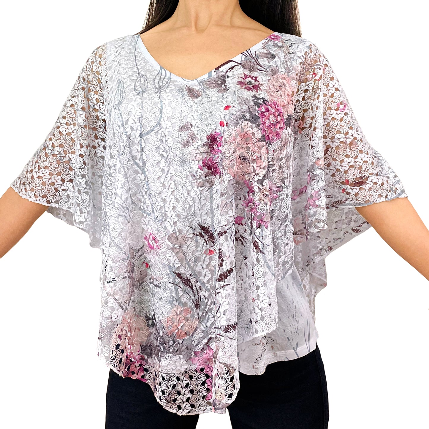 Pink Floral/White Lace V-Neck 3/4 Sleeve Poncho