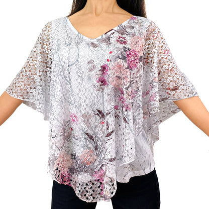 Pink Floral/White Lace V-Neck 3/4 Sleeve Poncho