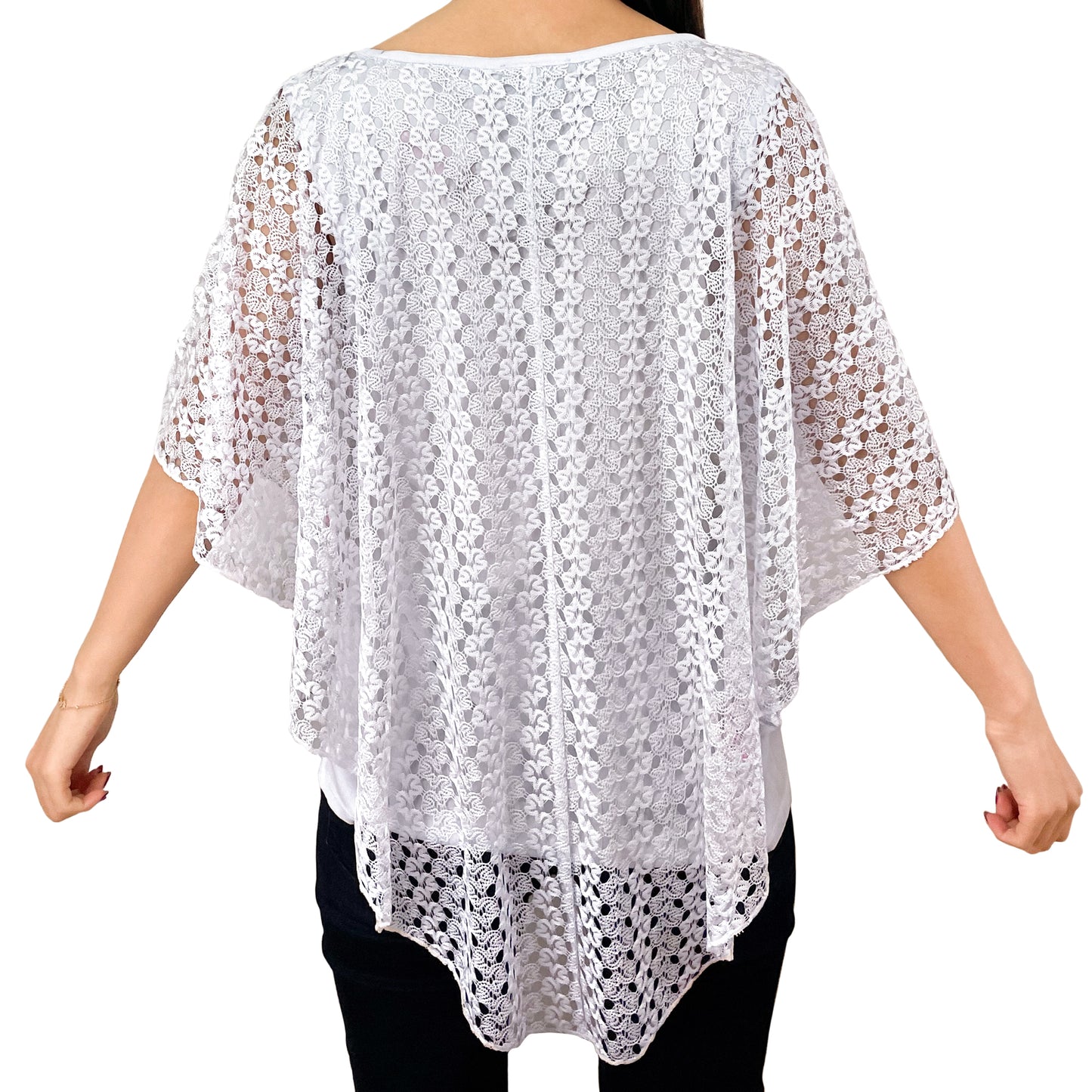 Pink Floral/White Lace V-Neck 3/4 Sleeve Poncho