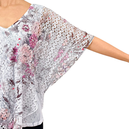 Pink Floral/White Lace V-Neck 3/4 Sleeve Poncho