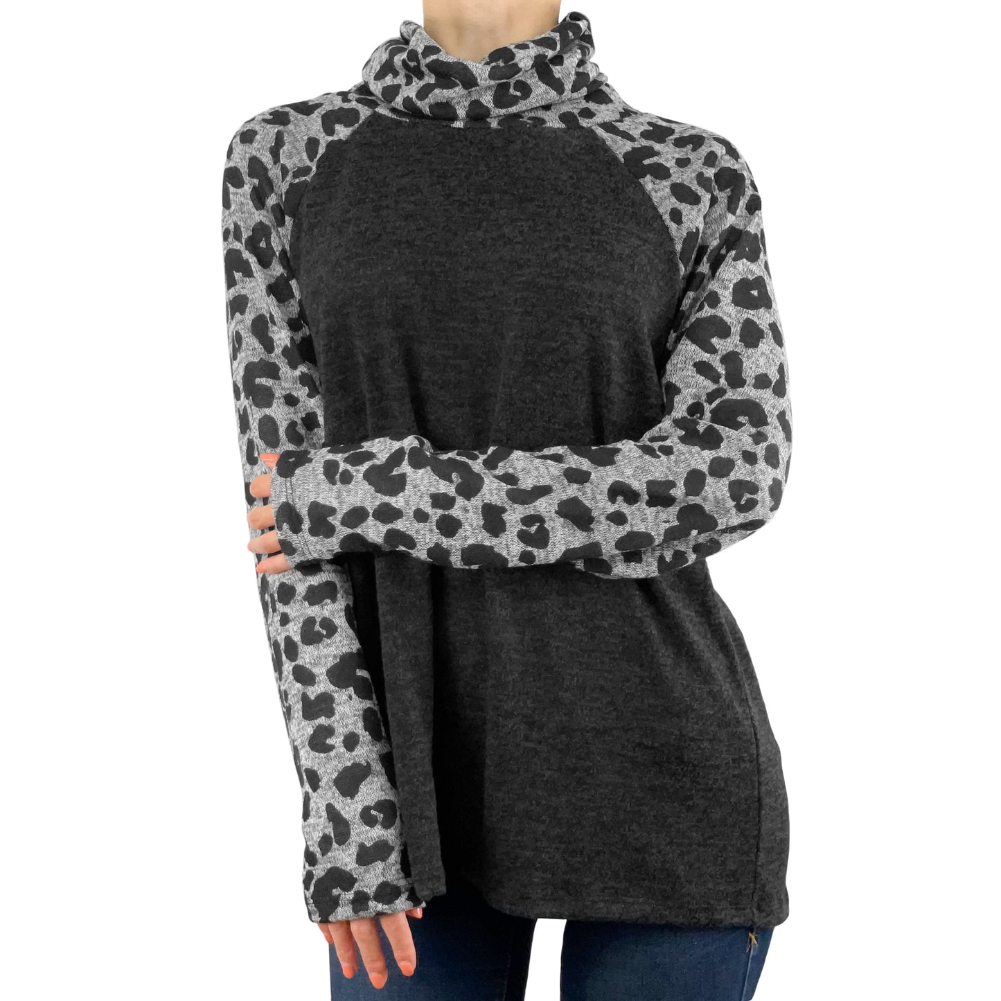 Cowl Neck Casual Knit Long Sleeve Pullover Tunic Hacci Top (Black/Grey Animal)