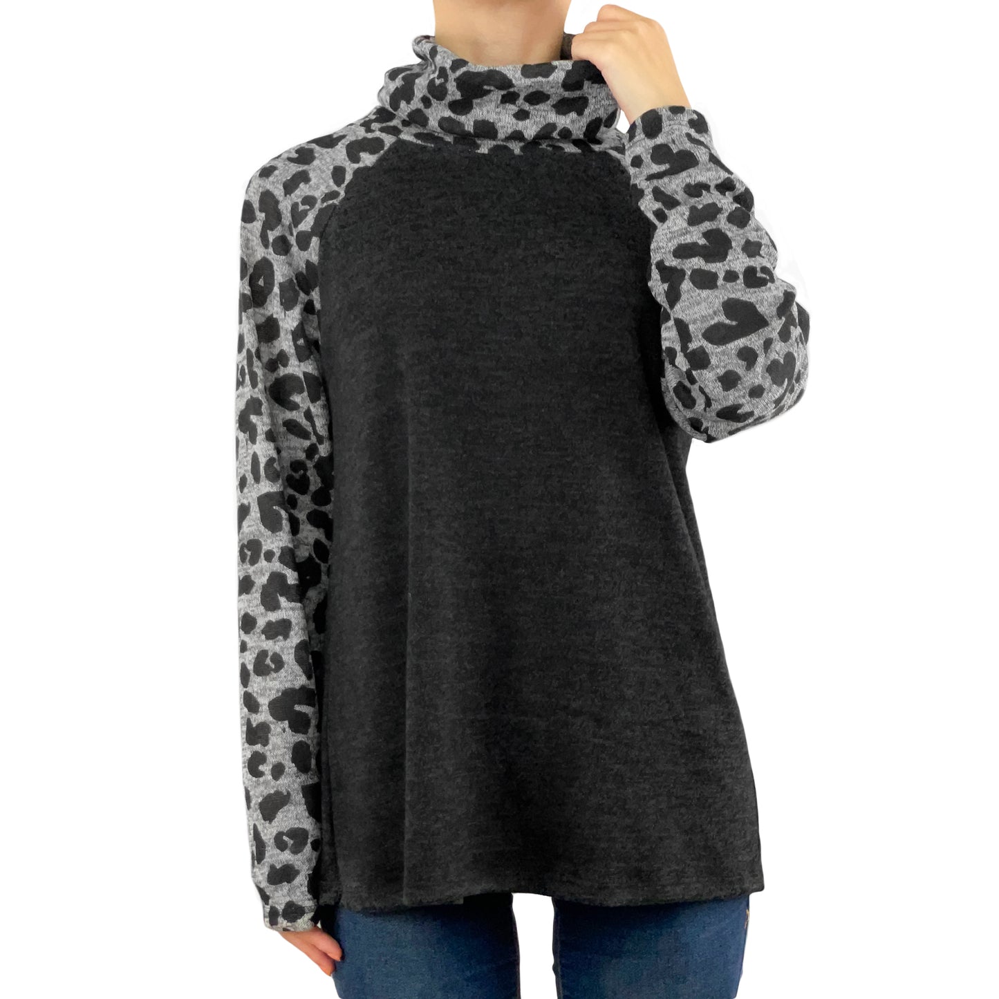 Cowl Neck Casual Knit Long Sleeve Pullover Tunic Hacci Top (Black/Grey Animal)