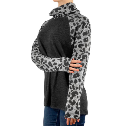 Cowl Neck Casual Knit Long Sleeve Pullover Tunic Hacci Top (Black/Grey Animal)