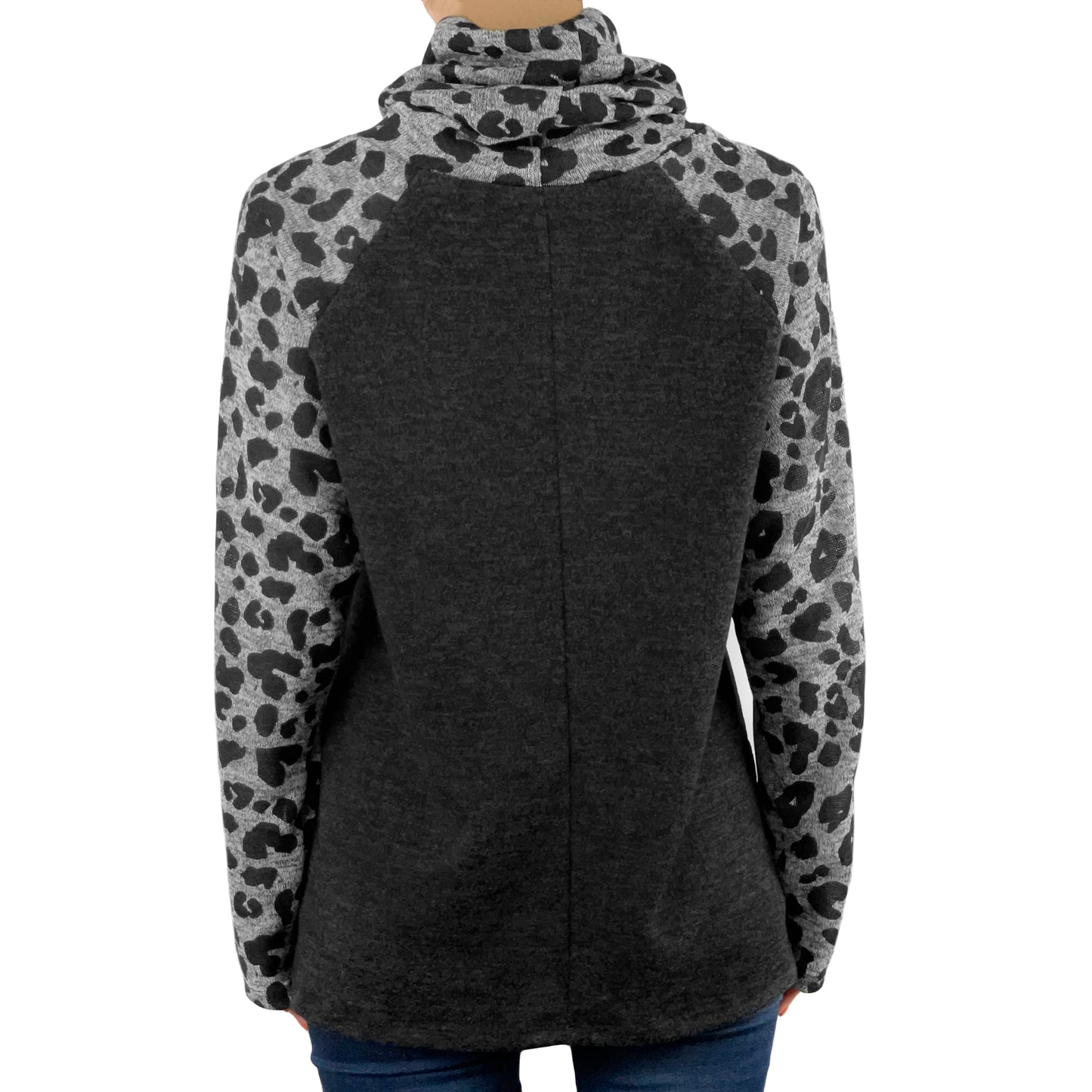 Cowl Neck Casual Knit Long Sleeve Pullover Tunic Hacci Top (Black/Grey Animal)