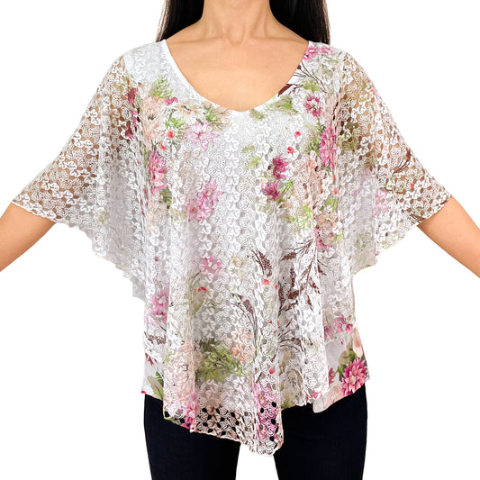 Pink Green Floral/White Lace V-Neck 3/4 Sleeve Poncho